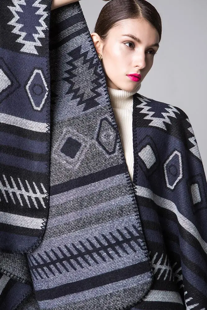 Модная акриловая жаккардовая шаль с геометрическим рисунком, зимний ацтекский одеяло, шарф ruana для женщин