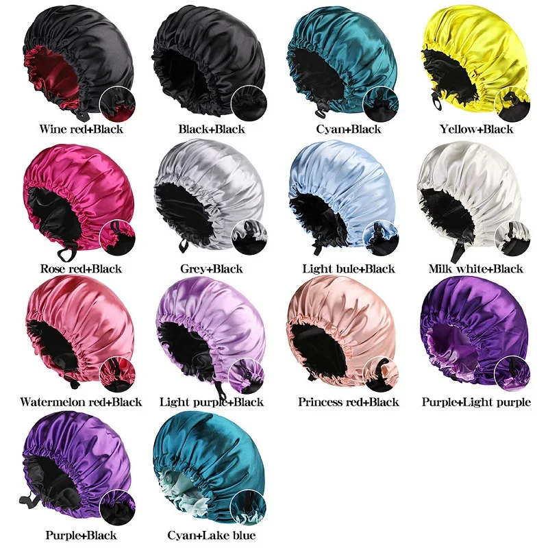 2022 Custom Logo Lady ECO Reusable Shower Cap Double Layer Women Satin Silk Lined Sleep Cap