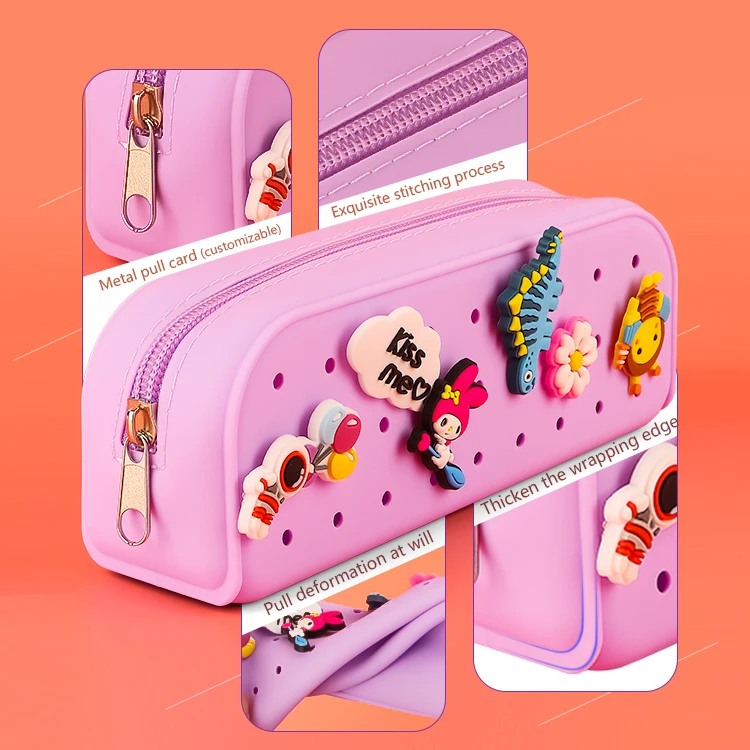 Custom Logo Croc Hole Silicone pencil case school stationery kids creative DIY pen bag multifunction storage pouch
