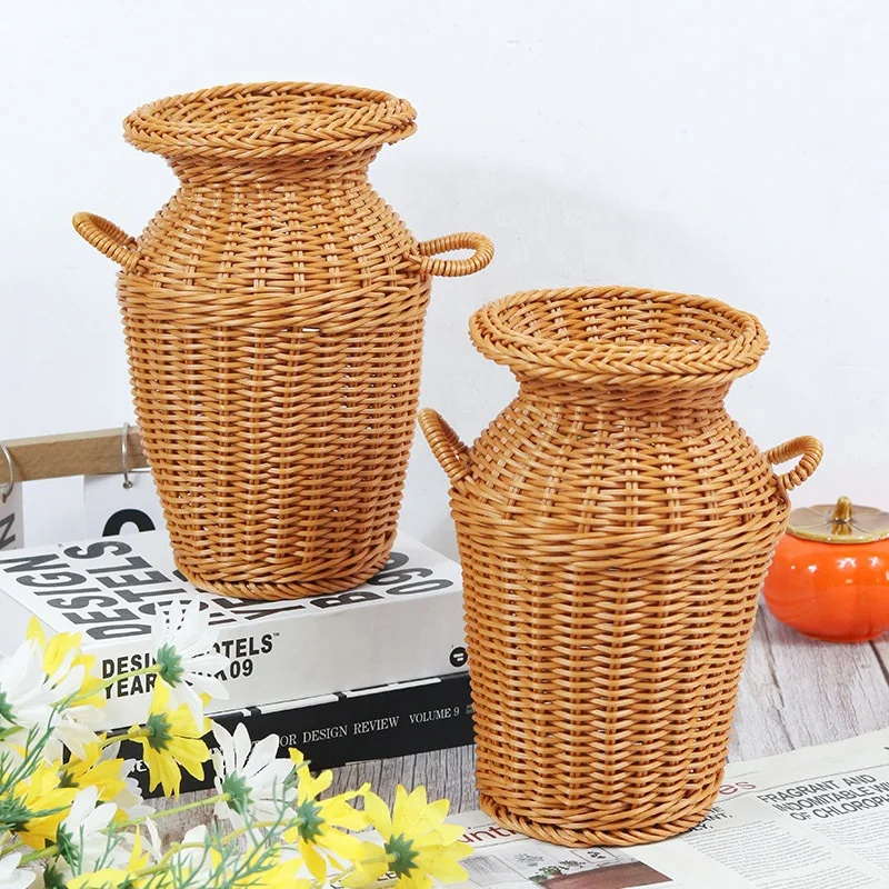 FSP353 Japanese Home Decor Plastic PE Creative Home Decoration Flower Straw Woven Antique Rattan Glass Vase Plant Vases