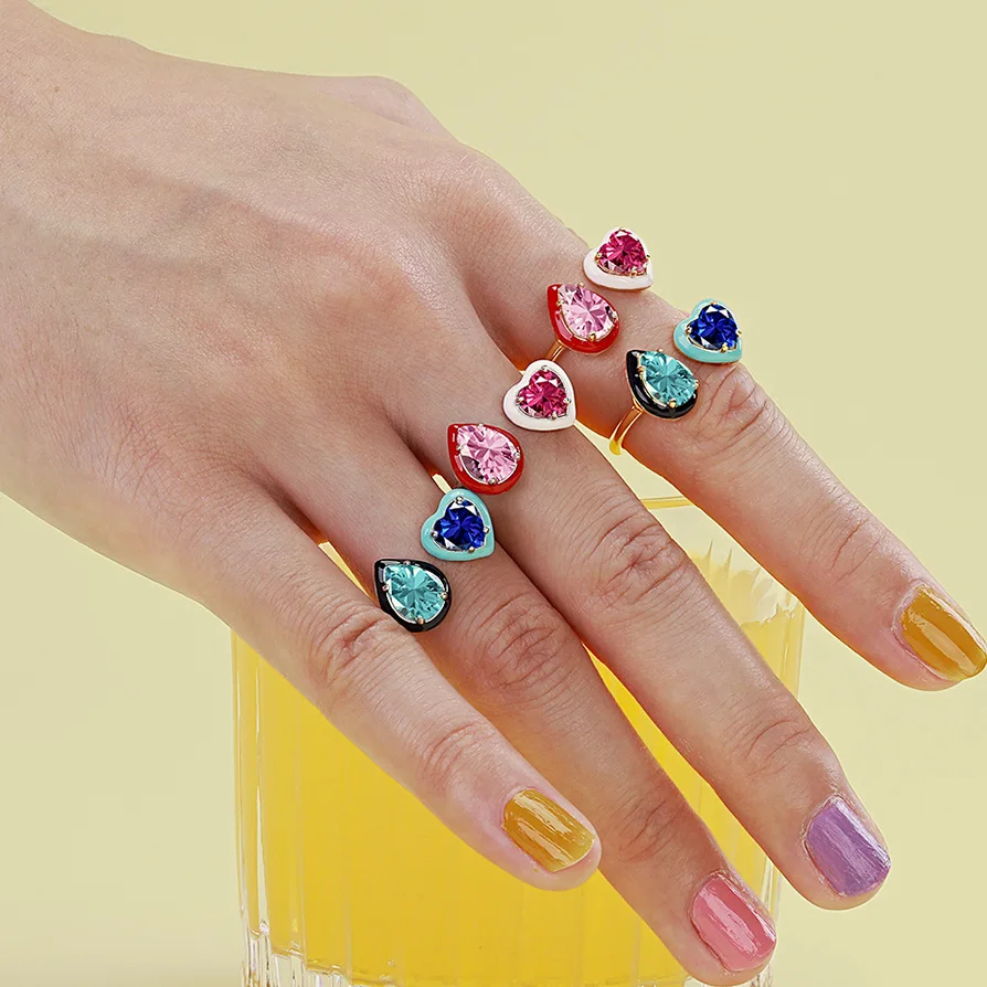 2023 New ins Girls gift christmas party jewelry sterling silver ring cute neon color enamel gem ring adjustable crystal rings
