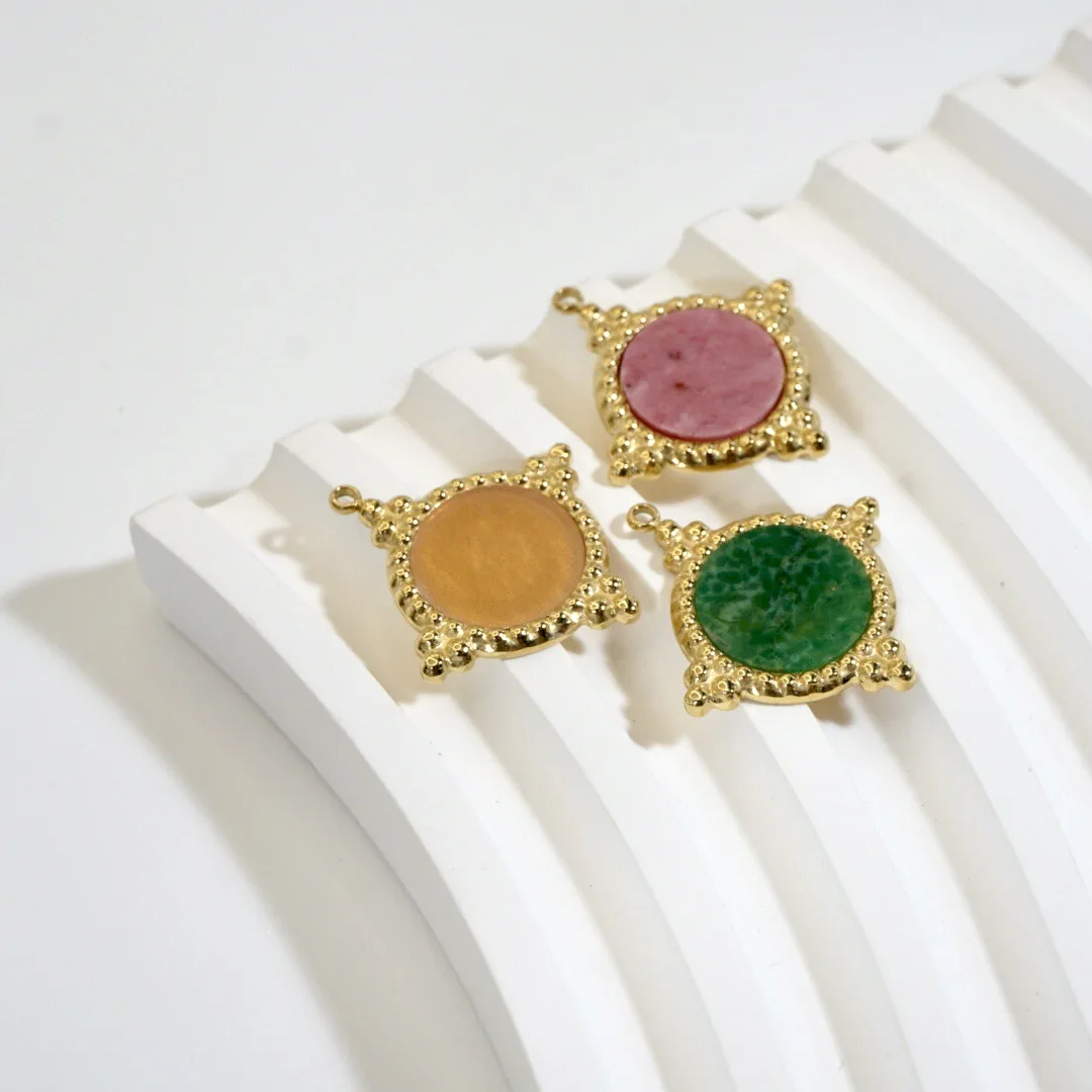 Boho Vintage Court Rhombus Shape Gemstone Pendant 14K Gold Plated Stainless Steel Colorful Stone Charms for DIY Jewelry Making