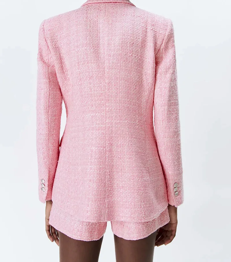 Chic Pink Blazer Office Lady Fashion 2024 Plaid Oversized Long Jackets Women Long Sleeve Double Button Pockets Tops