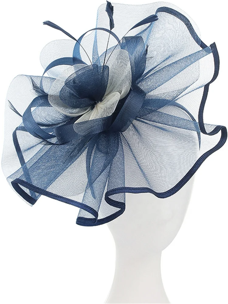 Повязка для волос sinamay женская с перьями, вечерний аксессуар для волос, крупная темно-синяя Вуалетка ручной работы, головной убор
