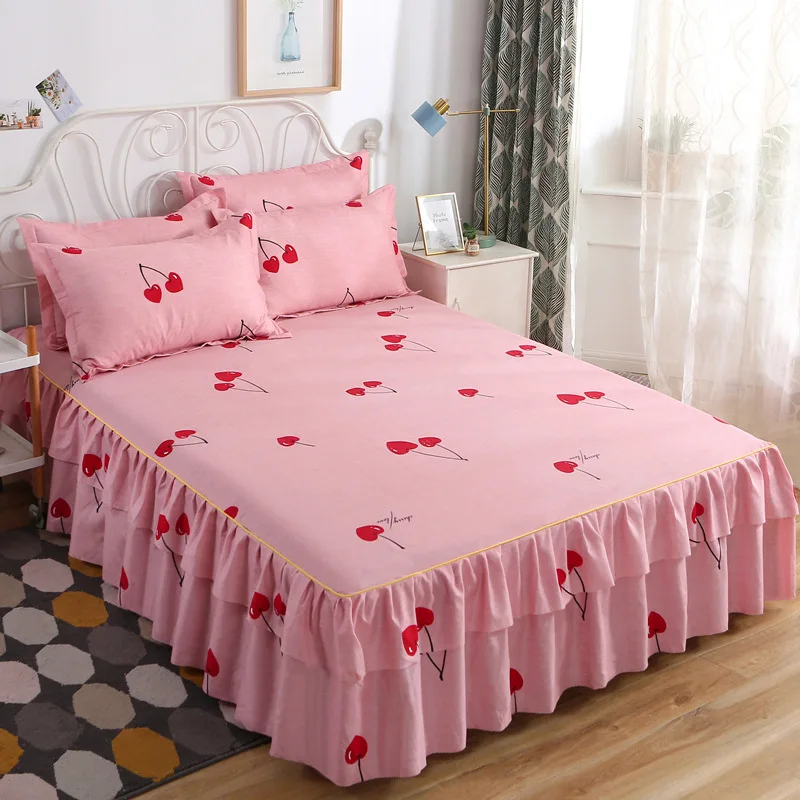 Bed Skirts Set Double Layer Bedspread Floral Printed Bed sheet Bilateral Bed Skirt + 2 Pair Of Pillowcase bedsheets