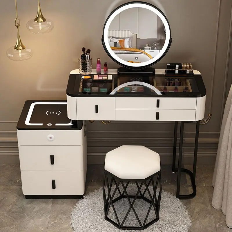 Nordic Style White Dresser Wooden Vanity Desk  Bedroom  Makeup Dressing Table With lighted Mirror and wireless charging function