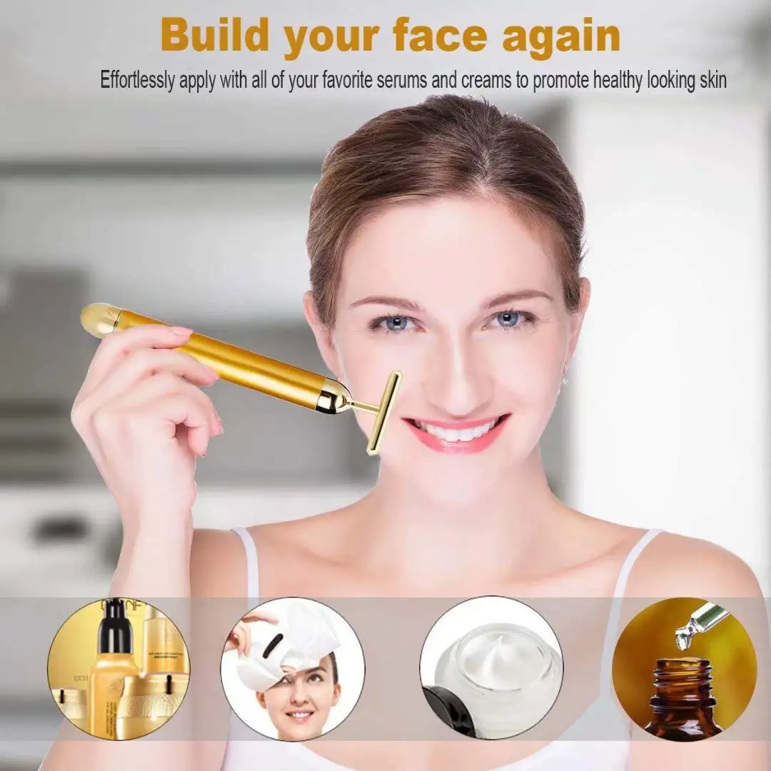 Private Label Masajeador Rodillo Facial 24K Gold Massage Energy Beauty Bar Electric Vibrating Skincare Face Roller Massager