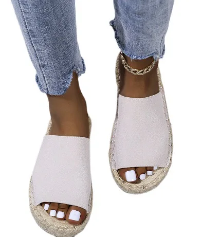 Slide-in open-toed leather rivet platform slippers Summer flat sandals Straw hemp rope slippers