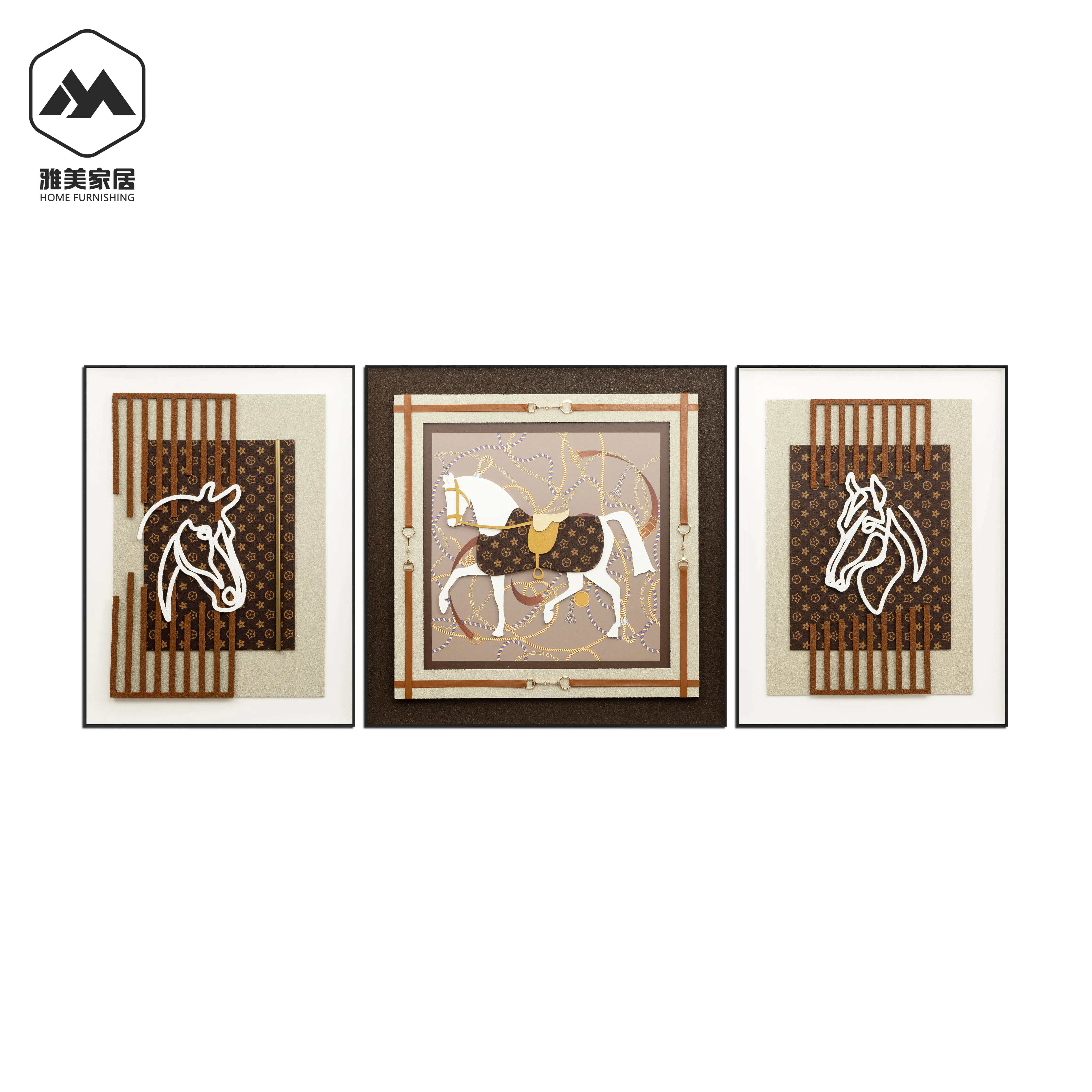 Horse wall art sofa background hotel office 3D mural triptych painting wall decor