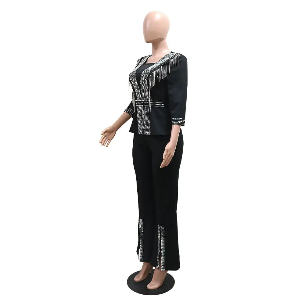 2 Pieces Sets For African Women Clothes Chiffon Tracksuit With Stones Long Dress Tops Pants Outfits