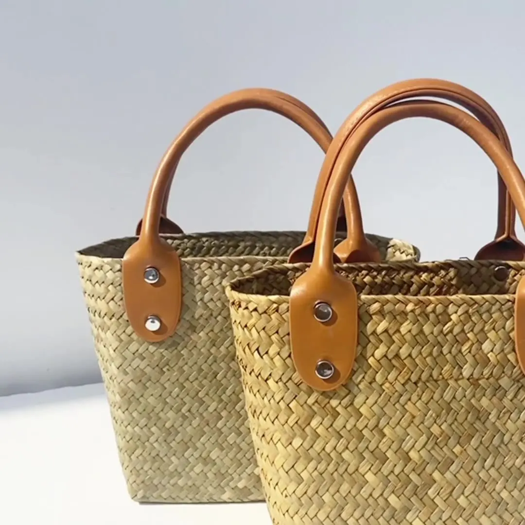 2024 Retro Handmade Straw Rattan Bucket Bag Geometric Bamboo Woven Handbag Zipper Polyester Women Beach Vacation Accessory