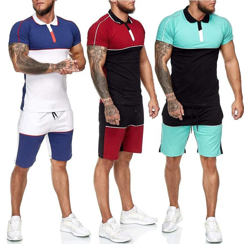 
KX-2101 Amazon Fashion summer custom logo 2 piece shorts and shirt set patchwork sportswear men tracksuits 