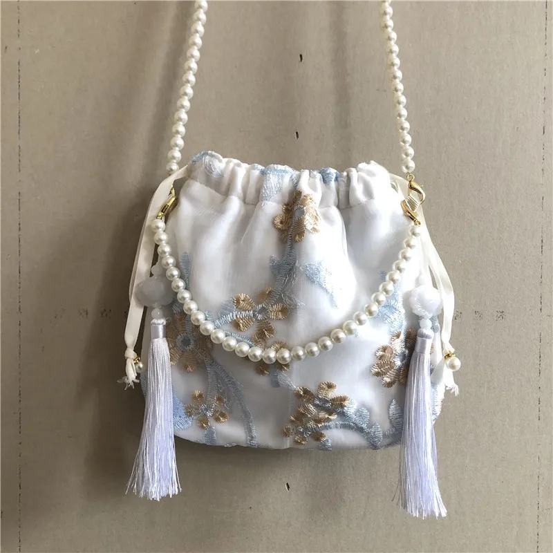 2021 Women Cell Phone Pearl Chain Net Yarn Embroidery Elegant Single Shoulder Crossbody Bag