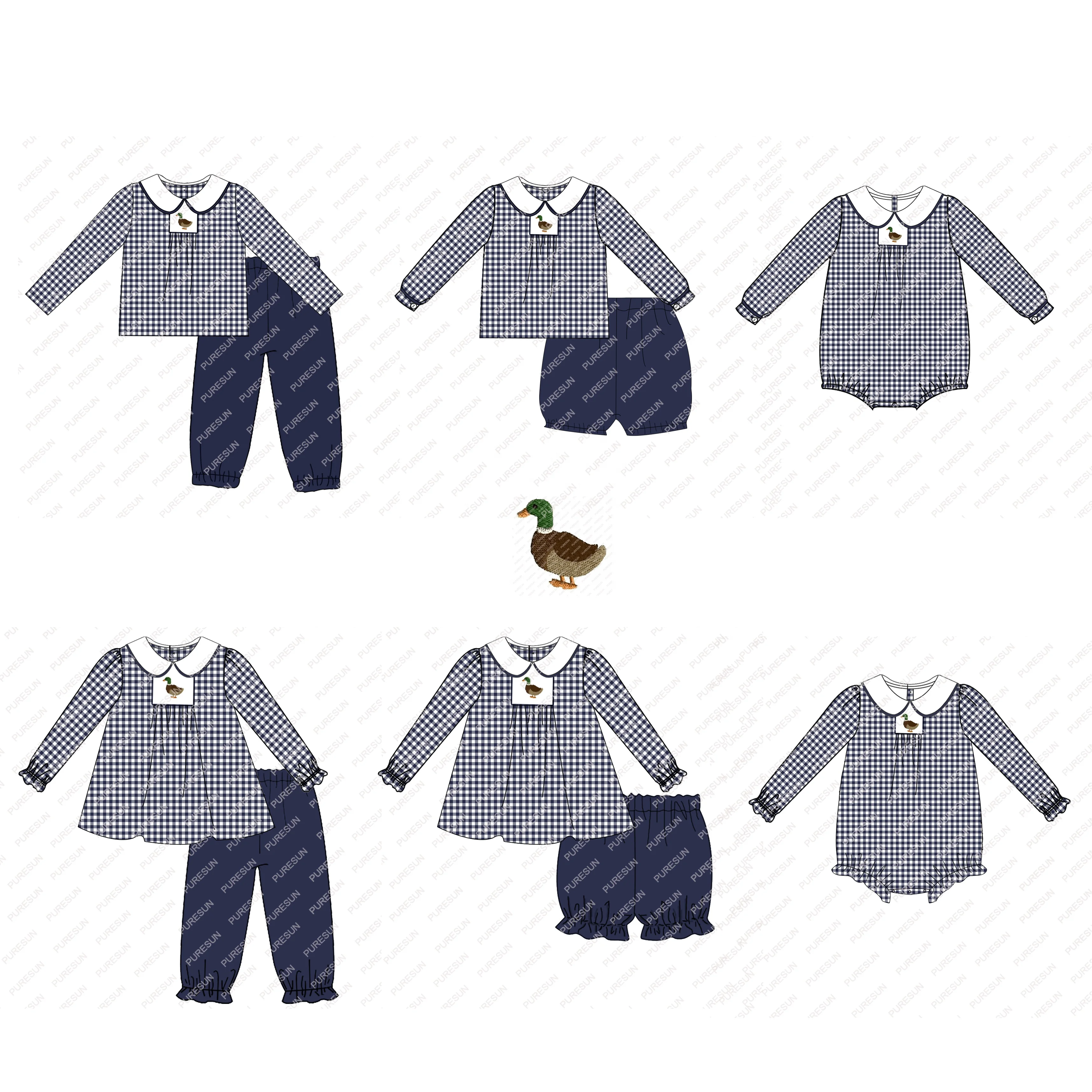 Puresun оптовая продажа Smock mallard duck Kids boutique clothing с длинным рукавом комплекты одежды для мальчиков