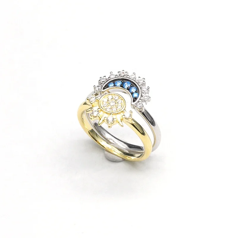 Custom couple sun and moon ring Zircon stacked Ring women 925 sterling silver