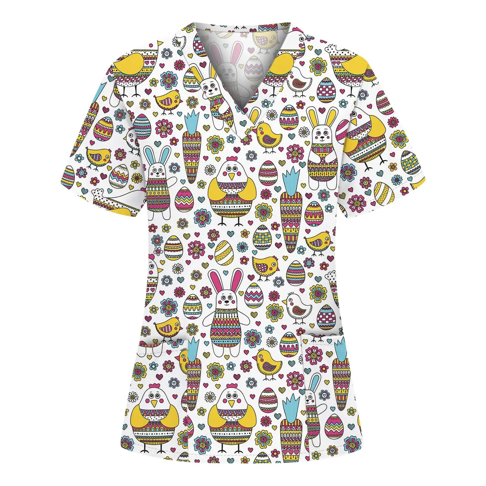 Customized Logo Working Uniform T Shirt Women Print Short Sleeve V-Neck Top Tee with Pockets Nursing Nurse Uniforms