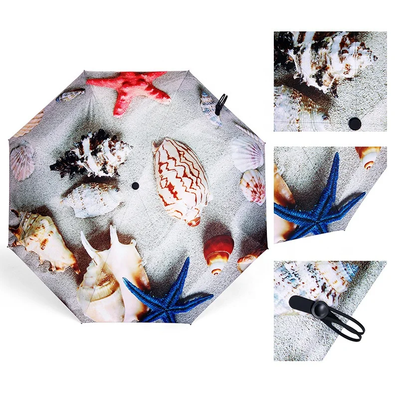 New Creative Fashion Sea World Printing Mini Carries Pocket Handle Five Fold Umbrella  UV Protection Folding Sun Umbrella