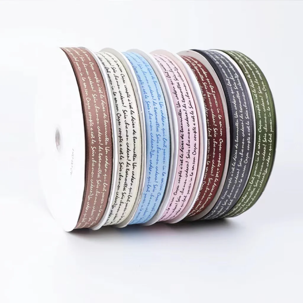 2cm Wide Satin Printed English Letters and Floral Bow DIY Hand-Baked Wedding Accessory Ribbon for Decoration
