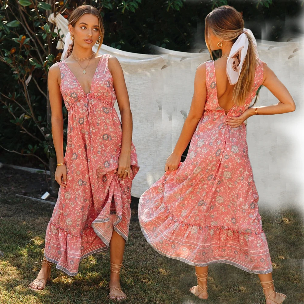 2022 в богемном стиле с треугольным вырезом с низким вырезом на спине, оптовая продажа Boho повседневное летнее платье для женщин с цветочным принтом пляжное платье макси платья женские 2021
