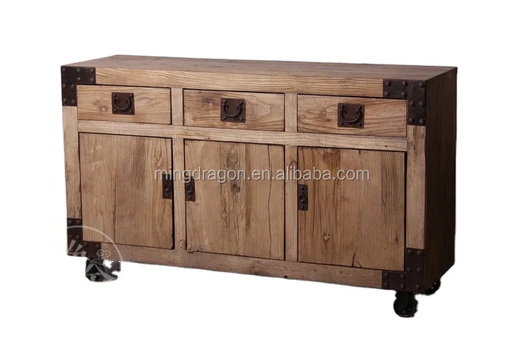 Chinese antique recycle wood metal wheel leg natural industrial style furniture