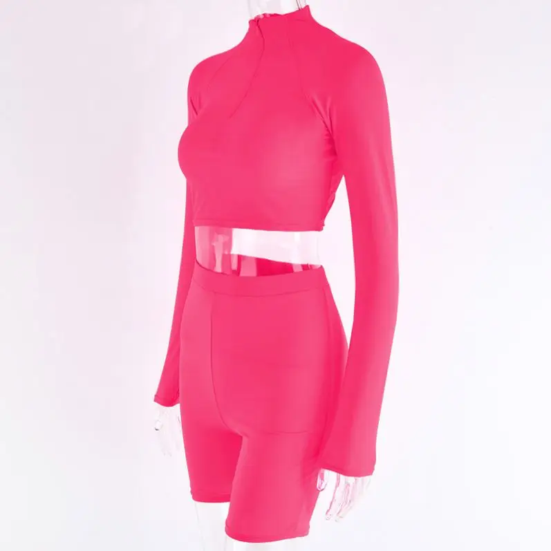 Two Piece Set Fluorescent Green Top Shorts Suit Sexy Turtleneck Long Sleeve Bodycon Sport Suit Casual Femmal Tracksuit