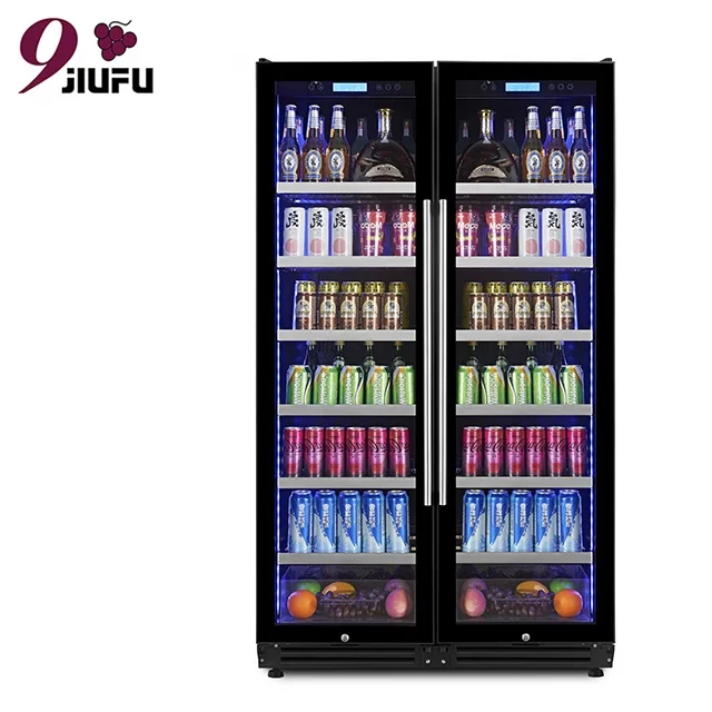 JIUFU Commercial Double Door Cold Drink Freezer Beer Cooler Glass Door Refrigerator Display Fridge Beverage Chiller