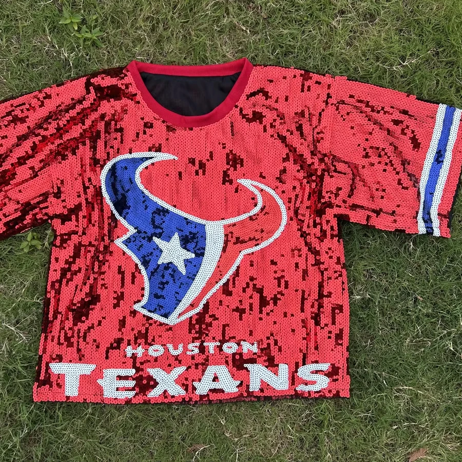 12 Colors High Quality HOUSTON Texanss Sequin Short Sleeve Shirts Game Day Football TeamSequin Tops