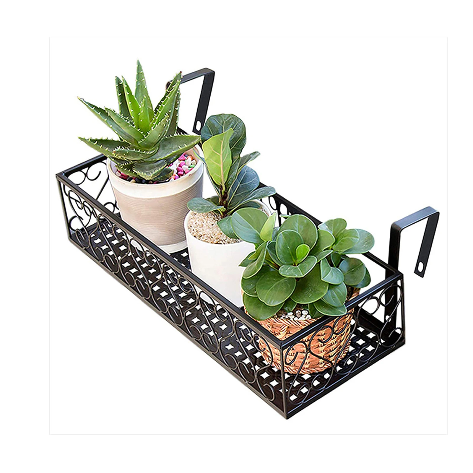 Rectangular Metal Plant Stand Flower Pot Holder Railing Planter Fence Planter - Black