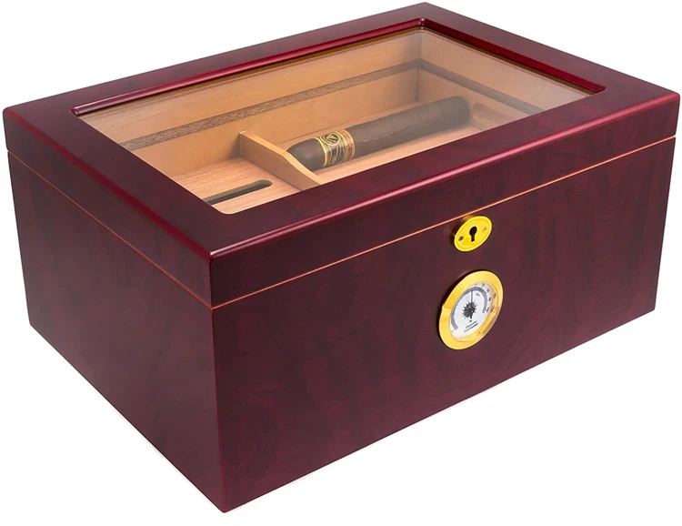 Large Glass-Top Cigar Humidor Humidifier Box with Hygrometer and Cedar Tray