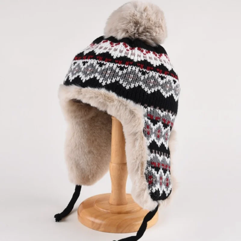 Winter Cycling Pom Hat With Warm Faux Fur Earmuffs Thick Plush Windproof Ear Protection Knitted Beanies Ski Cap Designer Logo