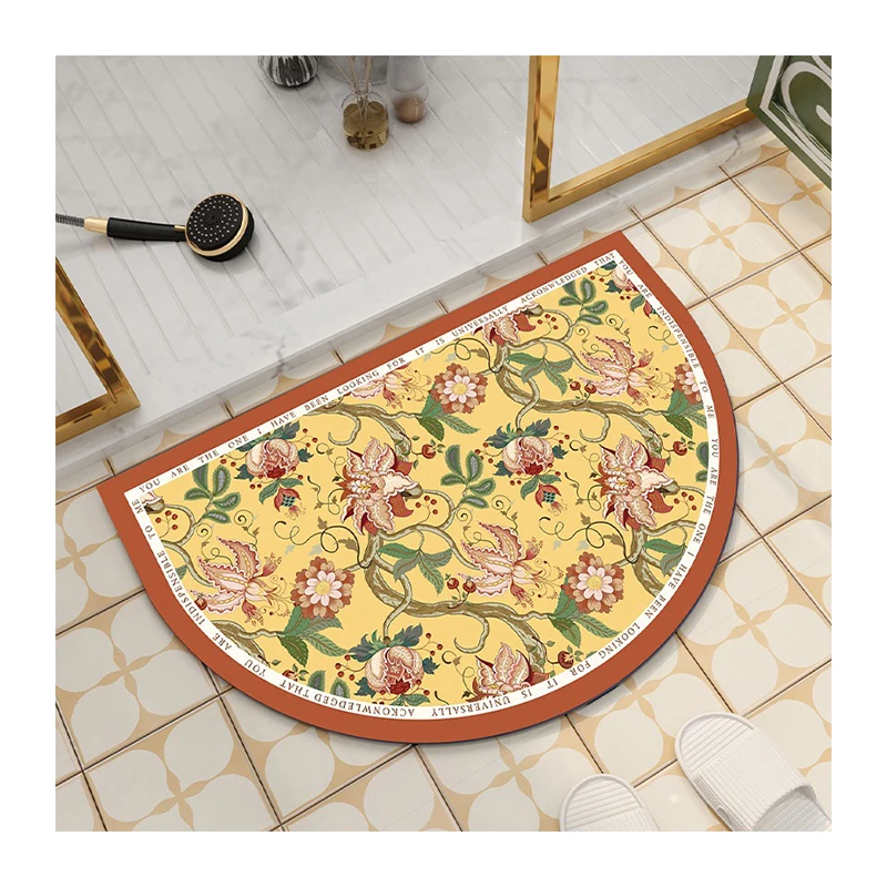 Half Circle Yellow Flower Printed Soft Diatom Mud Bath Mat Extra Soft And Absorbent Bathroom Anti Slip Rugs