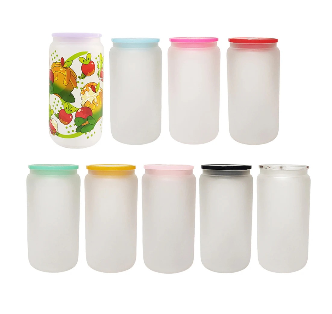 wholesale 16oz colored jelly libbey glass beer can home bar water drinking glass cups tumbler with plastic lid and straw for