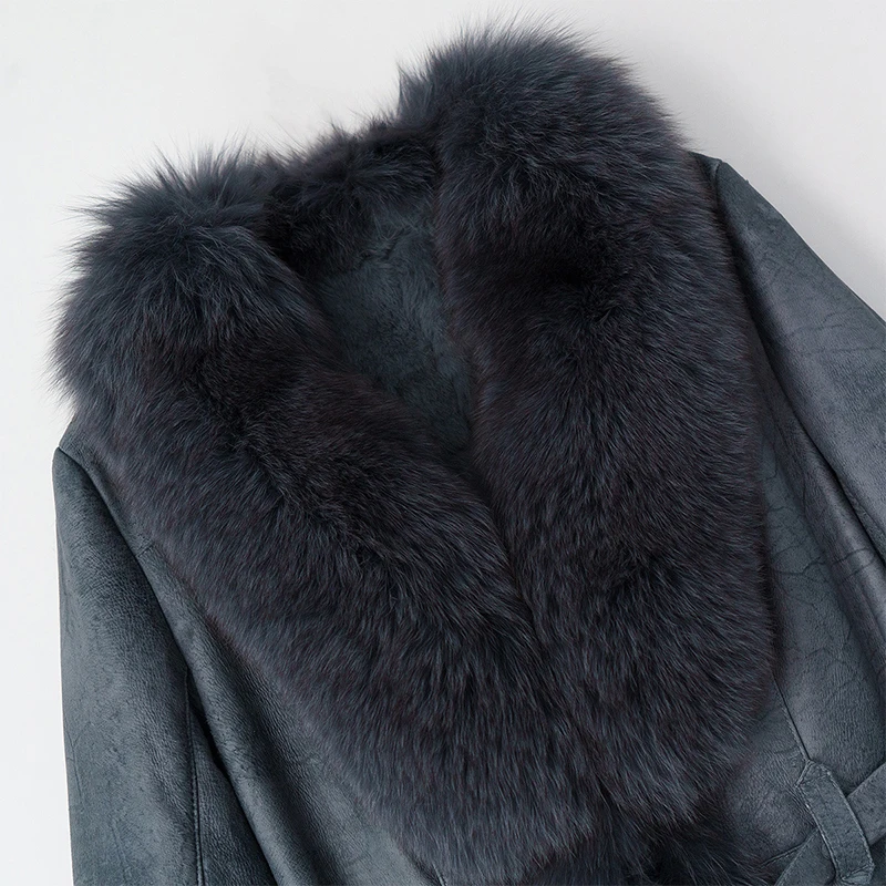 Fashion Luxury Big Real Fox Fur Collar Waist Belt Long Style Genuine Rabbit Skin Double Face Leather Coat With Fur For Ladies