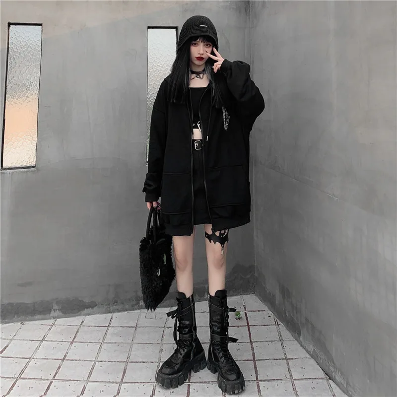 FH453 New Diablo Little Devil Hooded Winter Full Zipper Hoodie Coat Women Loose Black Cardigan Ear Sweatshirt Jacket Female