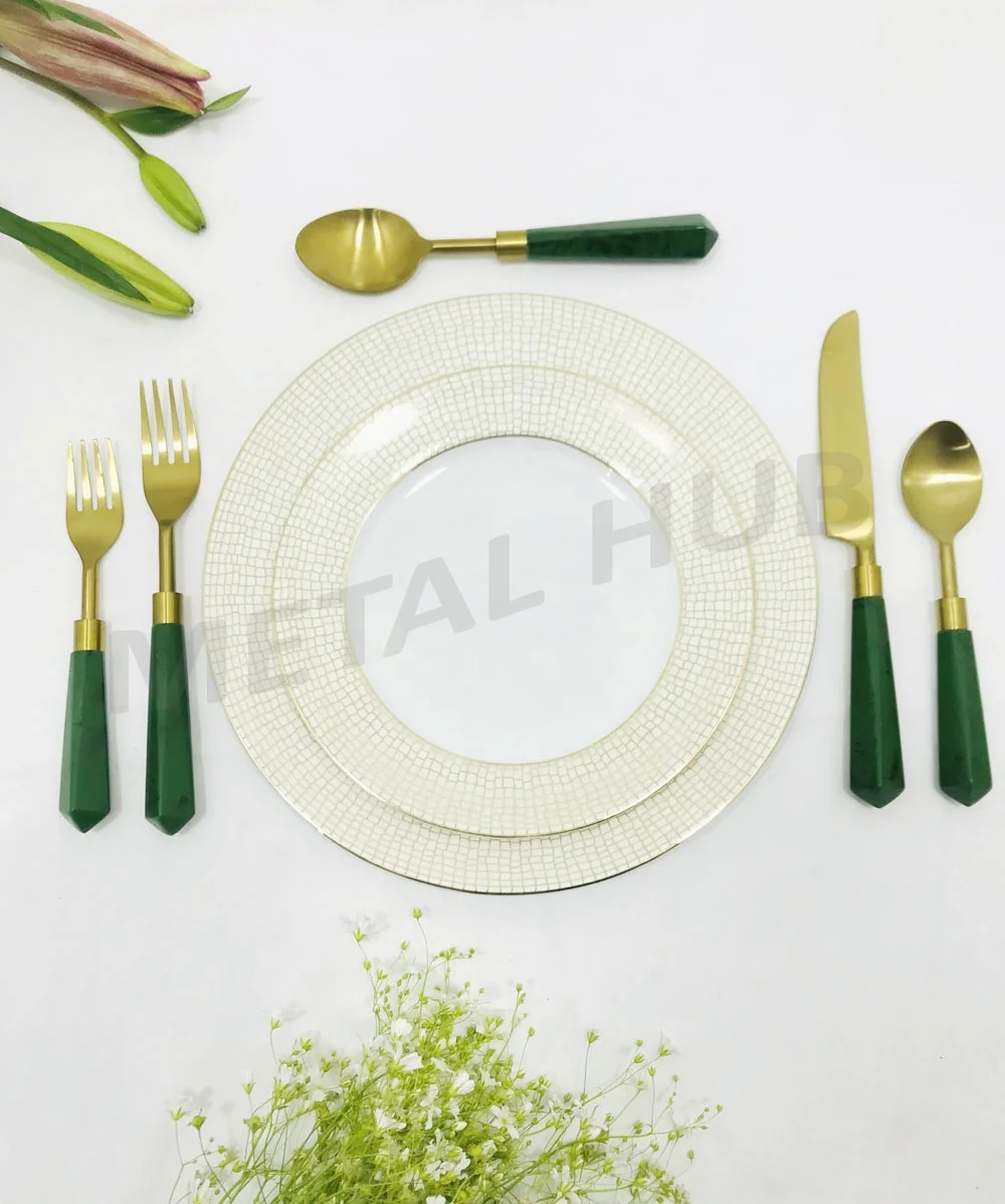 Stainless Steel Gold Flatware Set W/Green Handle S/5 & 7 Pcs. place setting, Flatware Set, Wedding Party Set