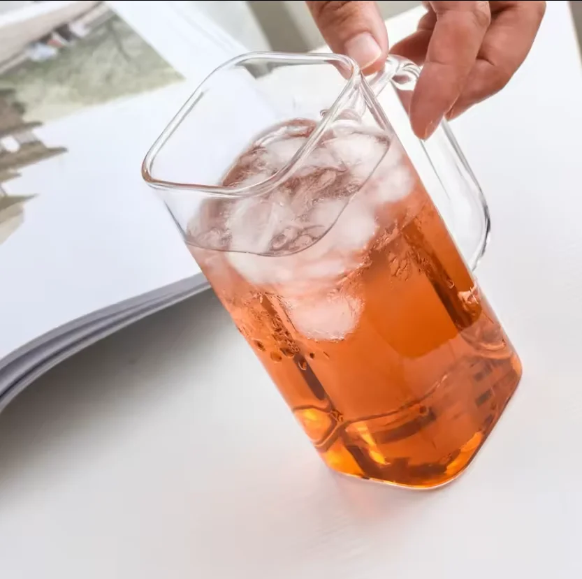 Hot Sale Square high borosilicate glass cup Heat Resistant Transparent Coffee Glass Cups Mug With Color Handle