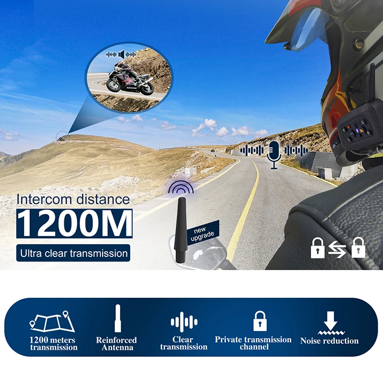 V6 Plus Motorcycle Helmet On-ear Headset True Wireless Headphone Earphones with 1500M Long Range Intercom HD Microphone