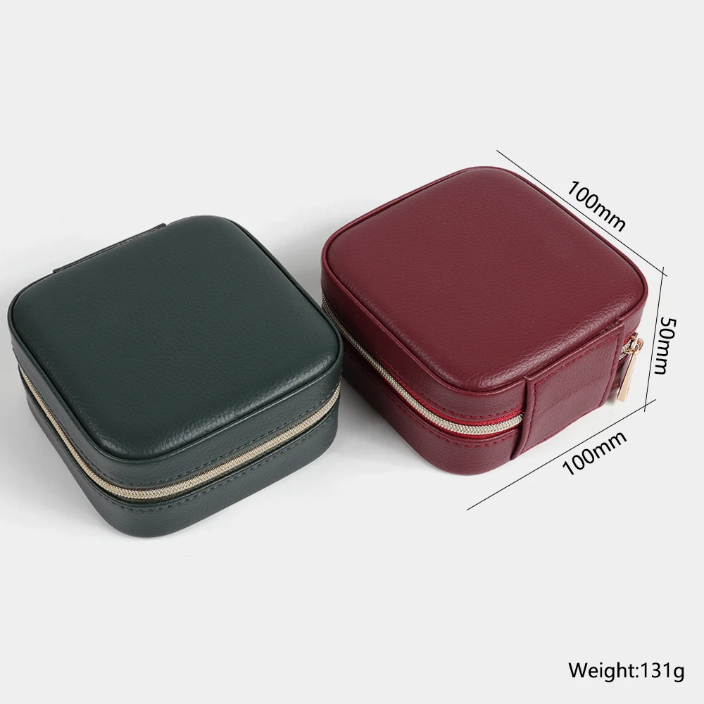 Retro Red Green PU Leather Small Jewelry Organizer Mirror Ring Earring Jewellery Travel Case
