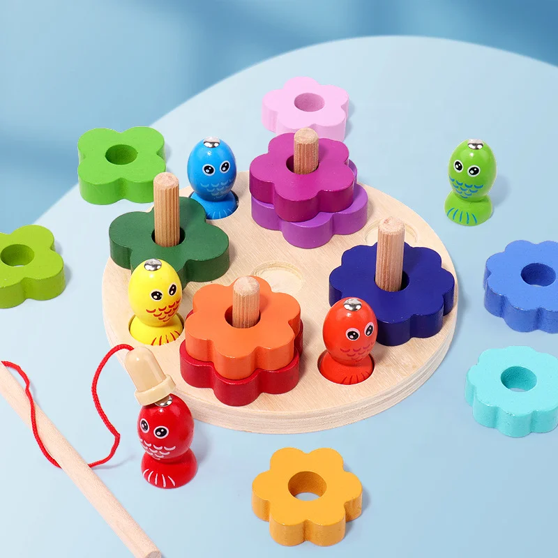 Wooden Sorting Stacking Blocks Toys Shape Color Sorter Puzzle Magnetic Fishing Montessori Game for Toddler