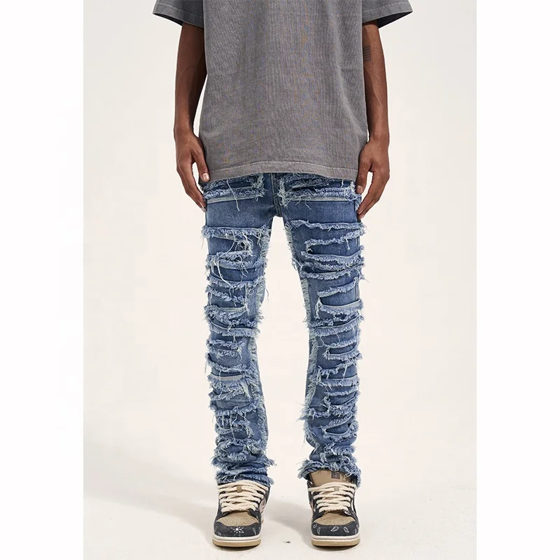 OEM FOG private label blue fashion brand drop shipping stock ripped patch jeans men
