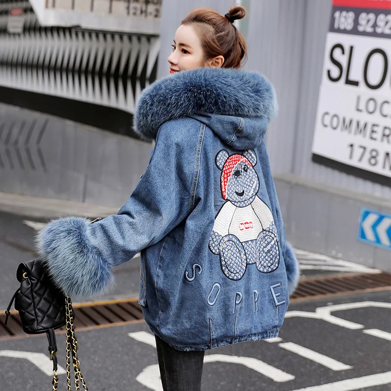 
Fashion big fur jean jacket women coats denim jacket with jeans 