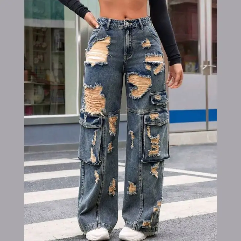 Factory Direct100% Cotton Jeans High Street Women Baggy Trousers High Rise Multi Pockets Faded Washed Denim Wide Leg Cargo Jeans