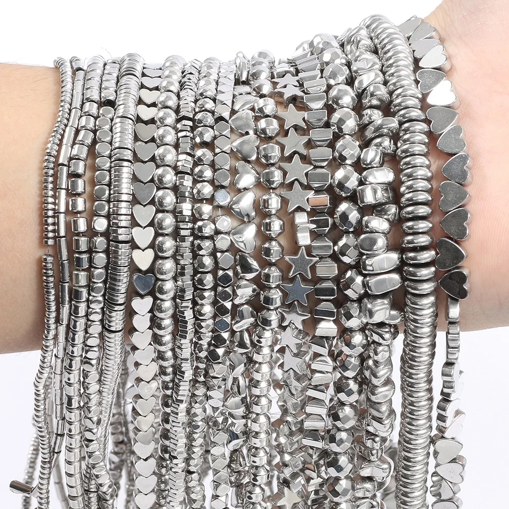 Star/Tube/Heart Shape White Gold Plating Natural Hematite Stone Rondelle Spacer Beads for Jewelry Making DIY