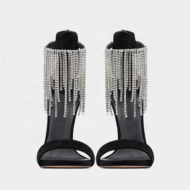 Fashion Sexy Shinny Fringed Diamonds High Heel Sandals Women Ankle Strap Rhinestone Stiletto Sandals