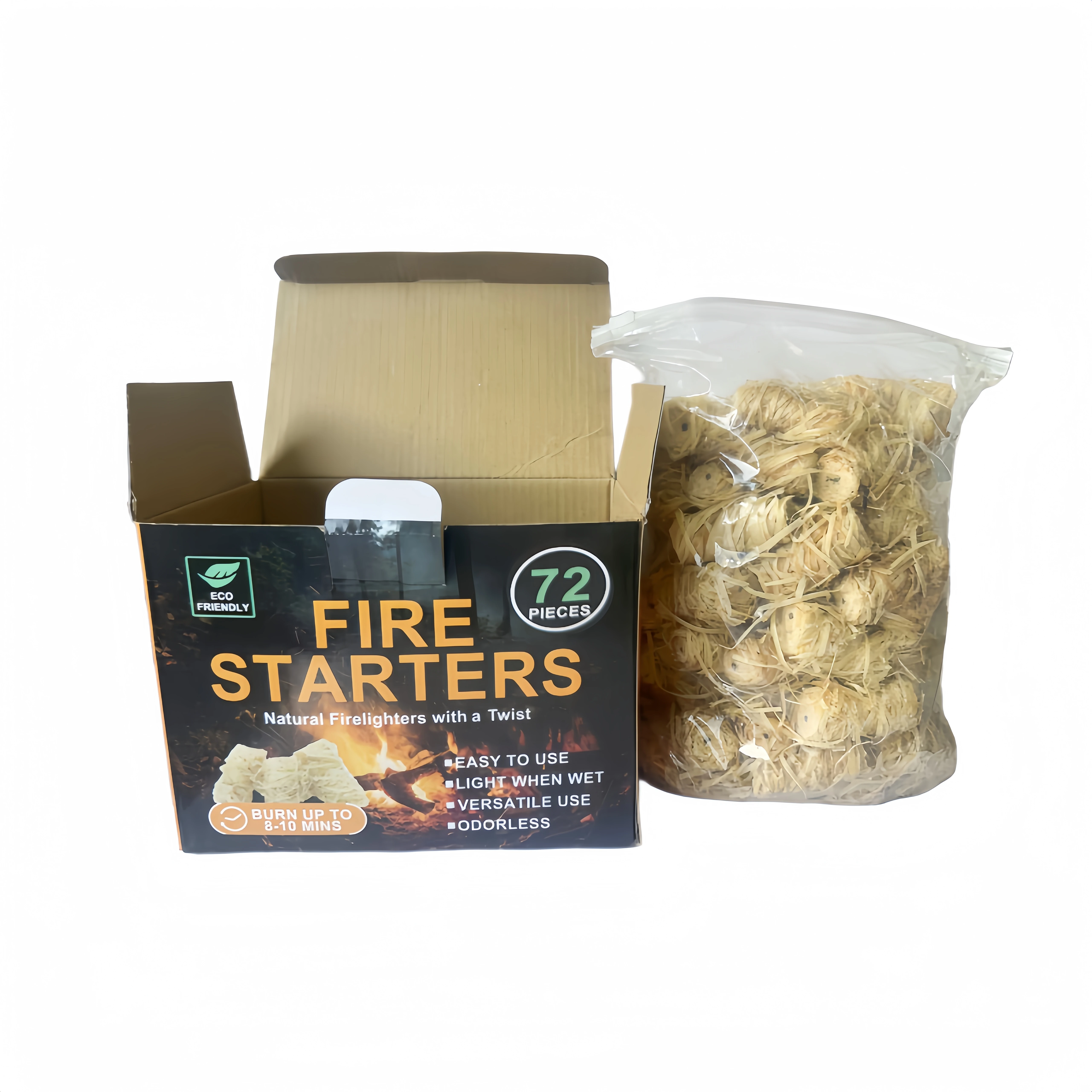 72Pcs/Box Natural Eco Wood Wool Firelighters Firewood Starters for Grilling Camping Fireplace Fire Starter