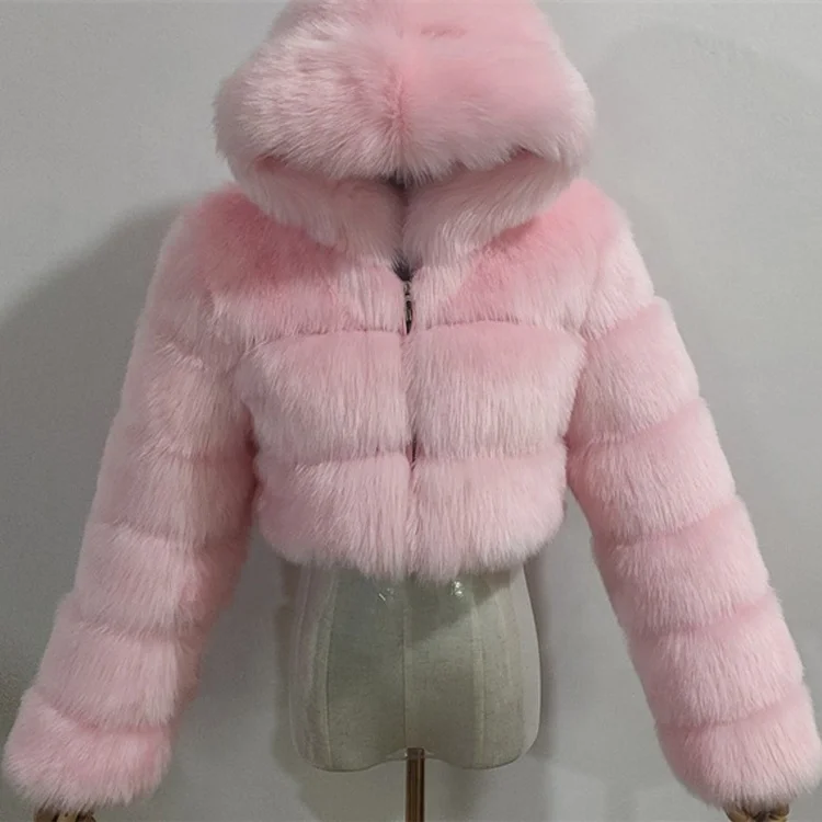Wholesale Fashion Short Jacket Ladies Winter Coats Hood Faux Fur Coat for Women