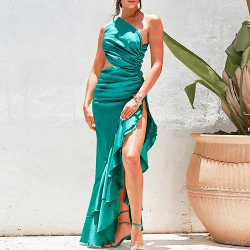 irregular side slit backless off shoulder Dress Cotton hollow One Shoulder patchwork sexy women dresses green 744426