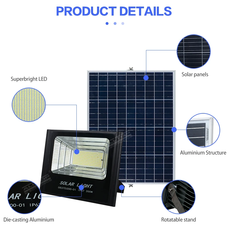 ALLTOP High Lumen Bridgelux Smd Ip65 Outdoor Waterproof Area Lighting 50w 100w 150w 200w Solar Led Flood Light