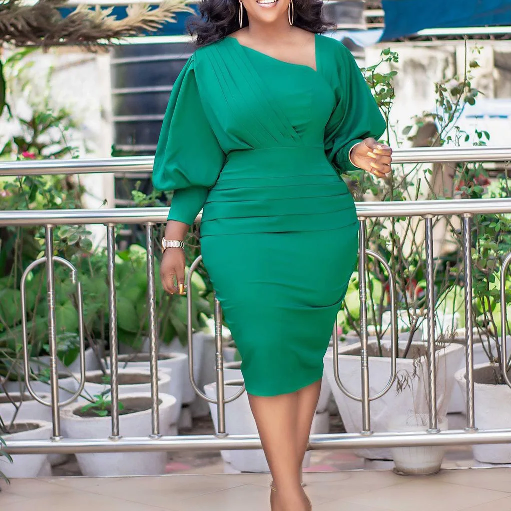 BOBOYU summer 2022 latest design office dress women solid long sleeve bodycon midi party dress plus size Turkey Africa clothing