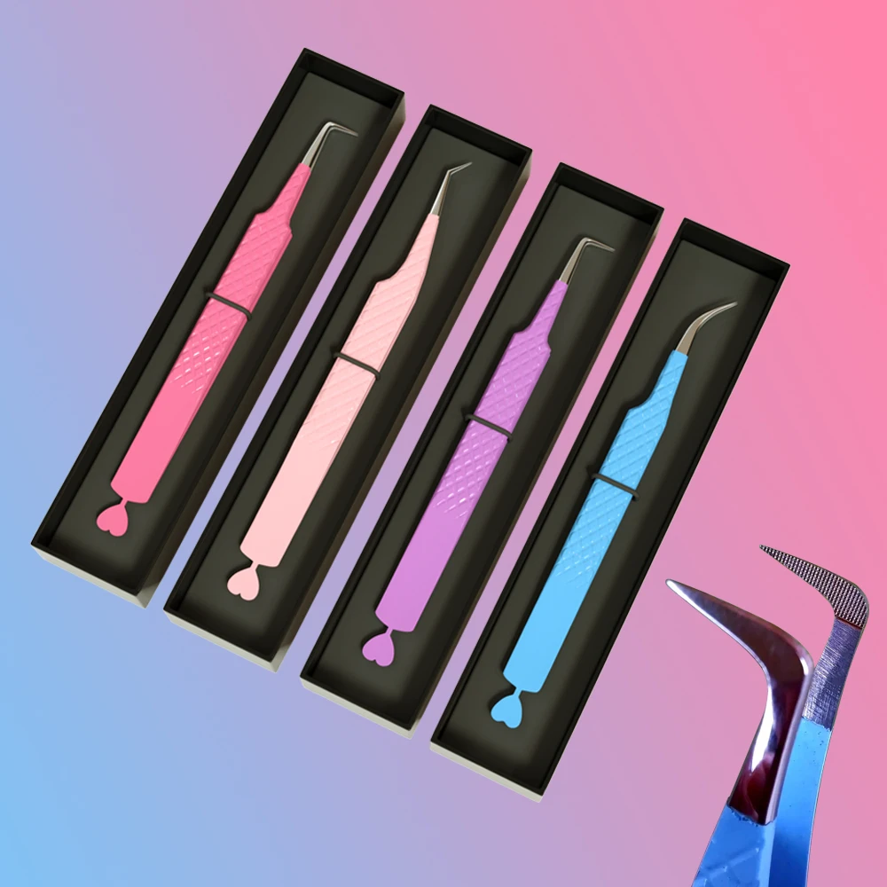 Custom Logo Pink Purple Heart Stainless Steel Eyelash Tweezers 45 75 90 Degree Lash Tweezers Fiber Tip Tweezers
